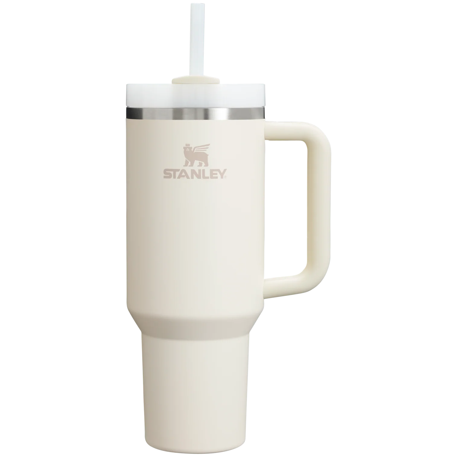 Cream-colored Stanley mug with handle and straw on a white background