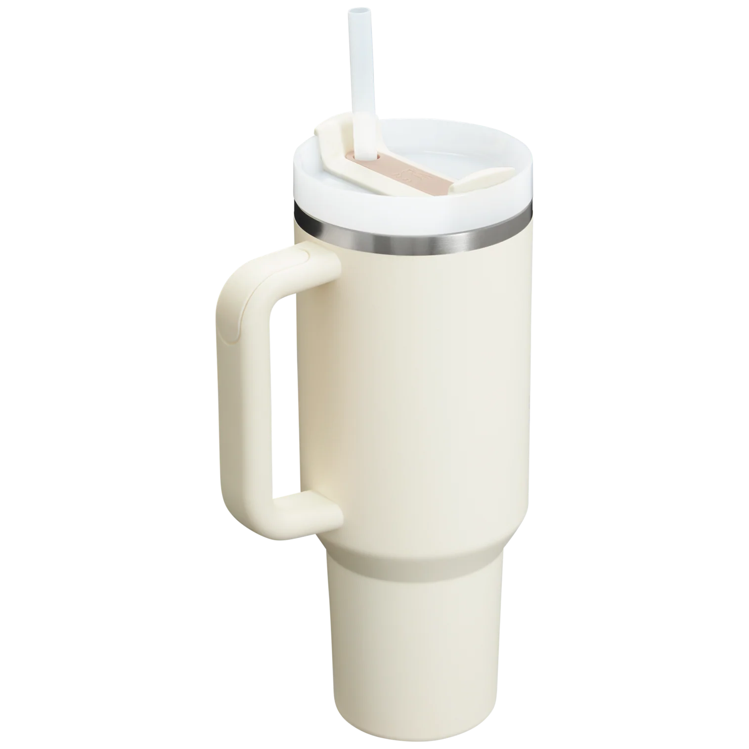 White travel mug with handle and straw on a white background