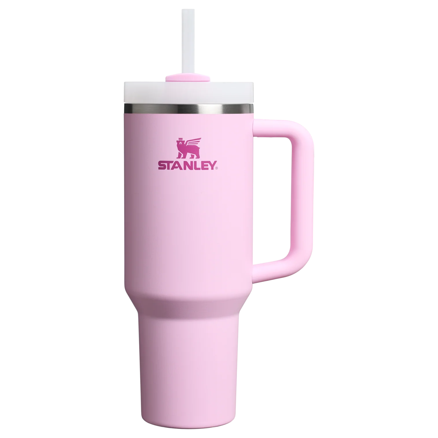 Pink Stanley tumbler with a handle on a white background