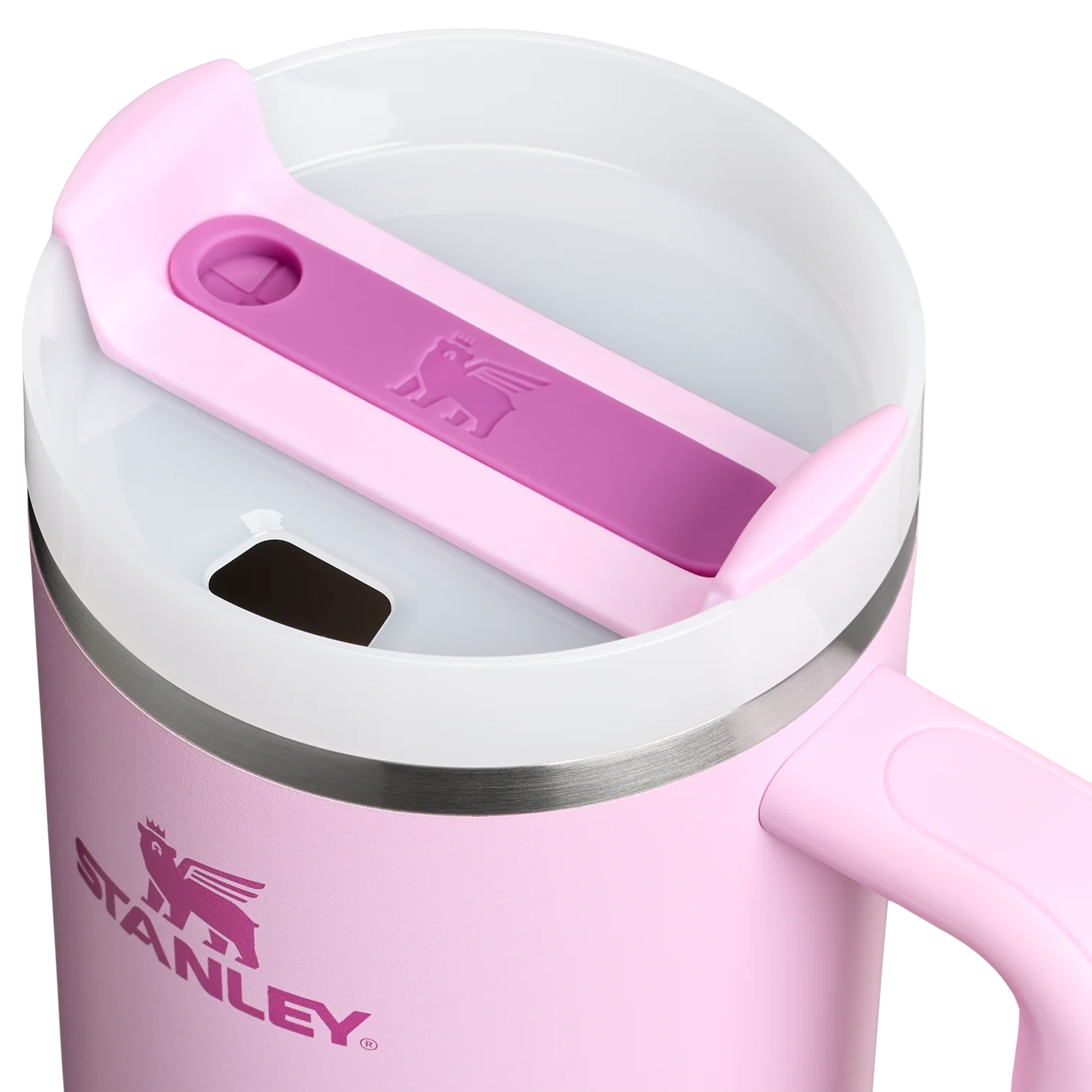 Pink Stanley mug with a white interior on a white background